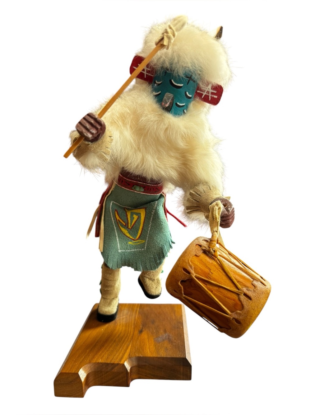 Vint Native American Made Kachina Doll Road Runner Dancer w Drum. 12” High.